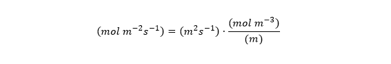 3/nDj is commonly given in units of m2 per second. cj has units of moles per m3, and x refers to position along the diffusion path, and has units of m. So the units work out like this: