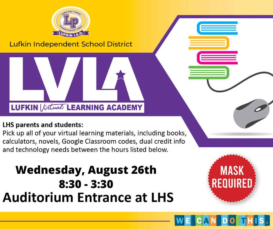 Virtual Learners:  If you have not already picked up your materials, be sure you do so on Wednesday!  @BrandonHBoyd <a href="/LufHSCounseling/">LHS Counseling</a> <a href="/asoderquist/">April Soderquist, M. Ed.</a> <a href="/A_Mijares01/">Andres Mijares</a> <a href="/molliehavard/">Mollie Havard</a> <a href="/Cauthen_LHS/">Dr. Ty Cauthen</a> <a href="/LufkinECHS/">Lufkin ECHS</a>