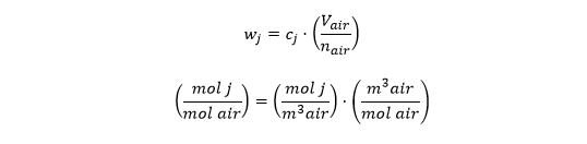 14/nWhat about P/RT? Does that inject units of mol {j}? Where does P/RT come from anyway? It comes from converting the water vapor concentration (cj) to its mole fraction (wj) by multiplying cj by the molar volume of air (V/n = RT/P from the ideal gas law):