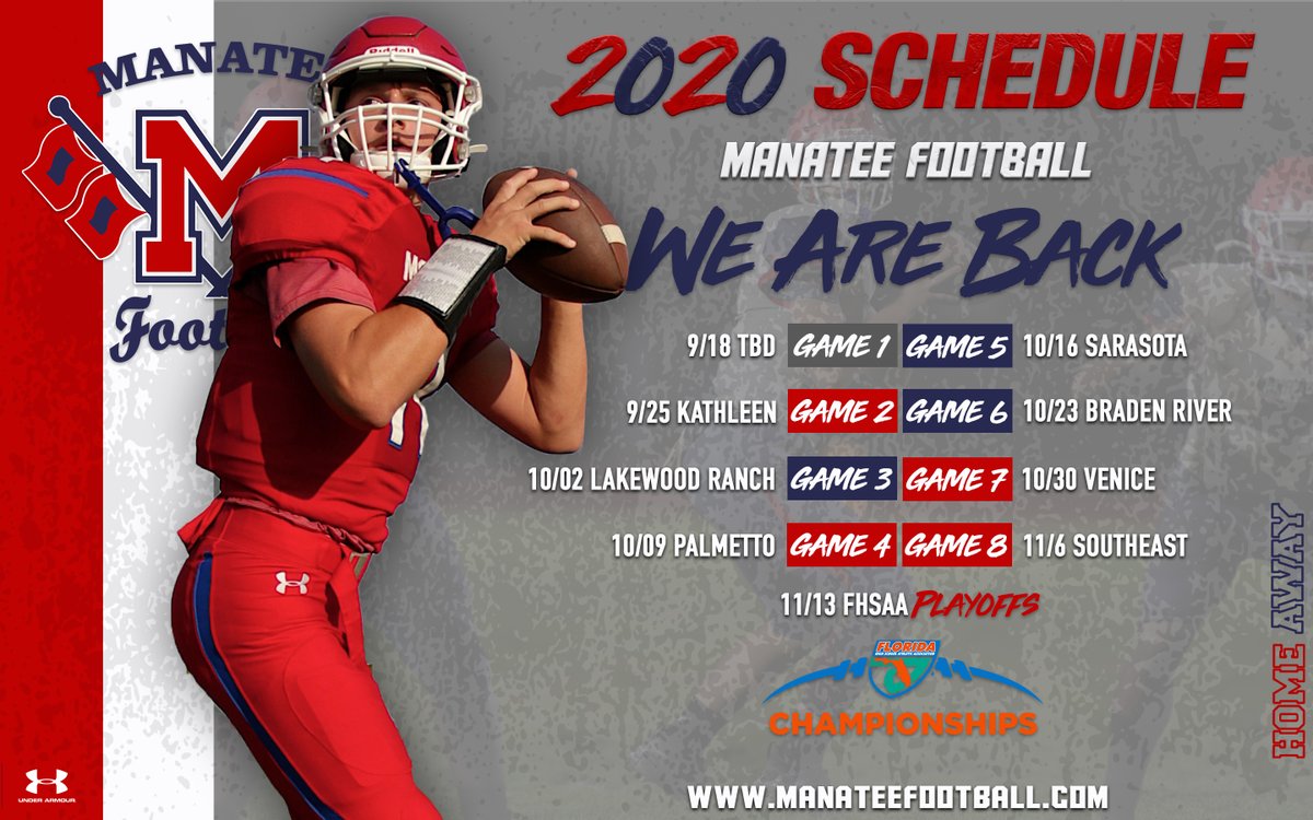 ManateeFB's tweet photo. 2020 Manatee HURRICANE Varsity Football Schedule. We are still working on the details for 9/18 we will announce soon. #wearemanatee #2020schedule #hurricanes #weareback Go Canes! https://t.co/lpgriNx0MG