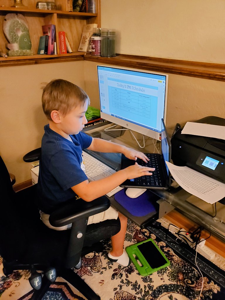 ErikaP226's tweet photo. He's already the King of Multi-tasking during Math on Virtual Day #2!! @Lenzini_fox https://t.co/n88YXMnl7M