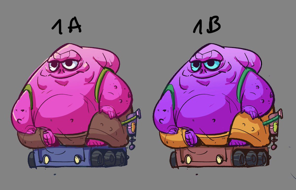 I’m leaning towards 1B. Pink looks a little too much like Patrick Star. Suggest a different color? #charactersketches #characterdesign #indiegame #gamedev #indiedev #indiegamedev #unity #videogames #gamedevelopment #games #game #gamedesign #gamedeveloper #videogame #gameart