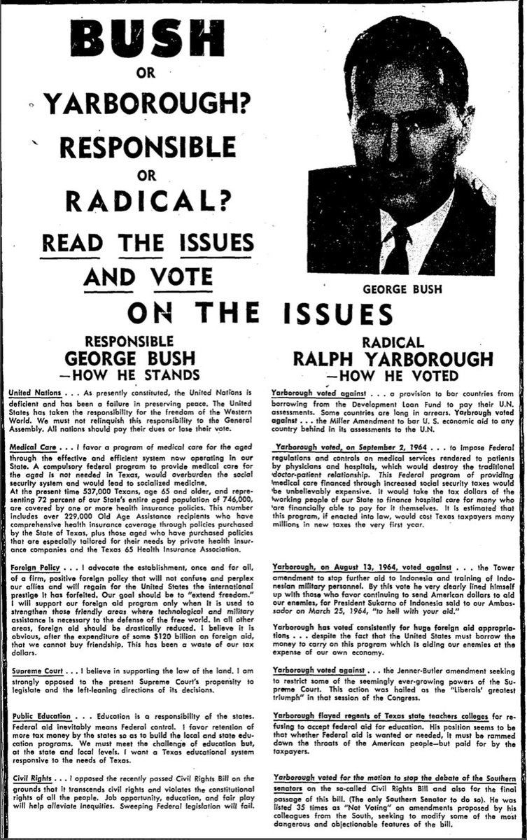 After Sen. Yarborough voted for the Civil Rights Act, the Texas Republican running against him in the 1964 election -- George H.W. Bush -- stressed his own opposition to the bill in campaign ads and tried to use Yarborough's support for civil rights against him.