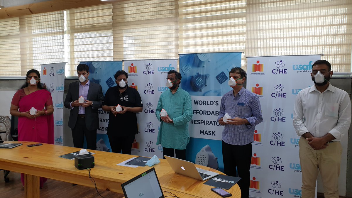 IITHyderabad's tweet photo. India’s local innovation brings N95 eqv. protection at Rs.13/day only. @IITHyderabad's @CfHE_IITH start-up @USafetHealthcare launches the world’s most affordable respirator mask ‘US9TM’ in an e-event by Shri @jayesh_ranjan IAS Principal Secretary to GoT. https://t.co/GcoCUUFneh https://t.co/JYZfVwls3R