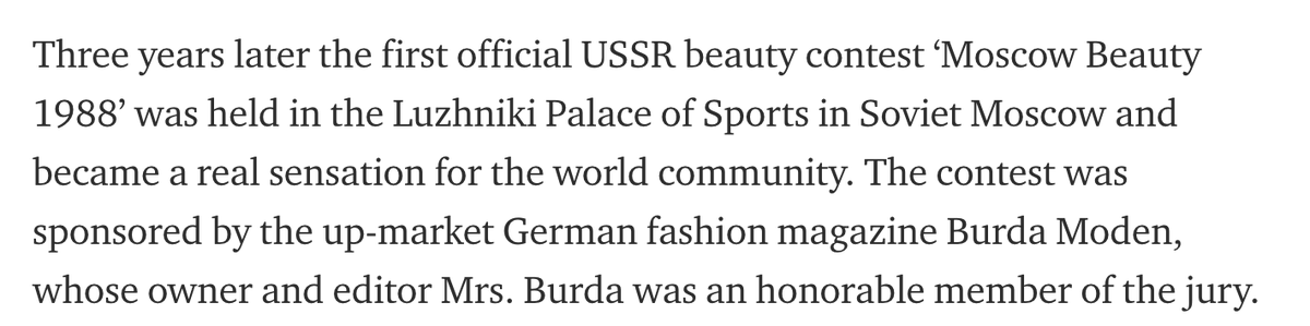 A little history now. What Kalinina won was the USSR's first beauty pageant, formally known as Moscow Beauty 1988. *She* was colloquially referred to as Miss Moscow. A year later the name of the pageant was changed to "Miss USSR".  https://medium.com/greatepicurean/first-russian-beauty-pageant-miss-soviet-union-1988-photos-f60ba8c9f5e9