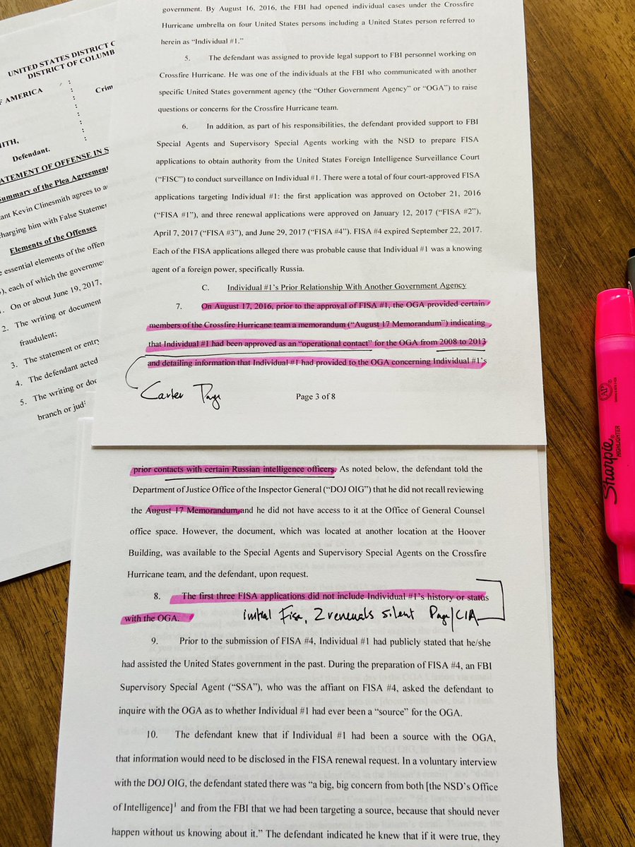 report where CIA is identified as “OGA” (think of it as Other Government Agency) WHY IT MATTERS: Former FBI lawyer Kevin Clinesmith pleaded guilty to 1 count false statements for altering a CIA record in June 2017 about Page's CIA status for the final FISA. What we learned from