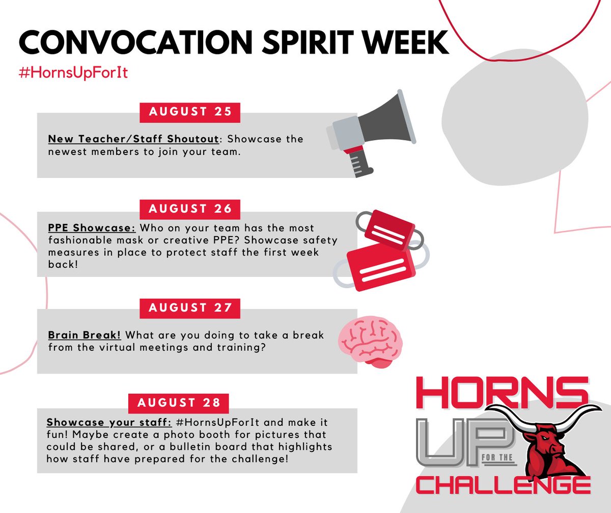 The official hashtag for Convocation 2020 is #HornsUpForIt. 🤘Throughout the week leading up to convocation, we are asking staff to participate in scheduled spirit days 📸and post on social media using #HornsUpForIt. 🤳