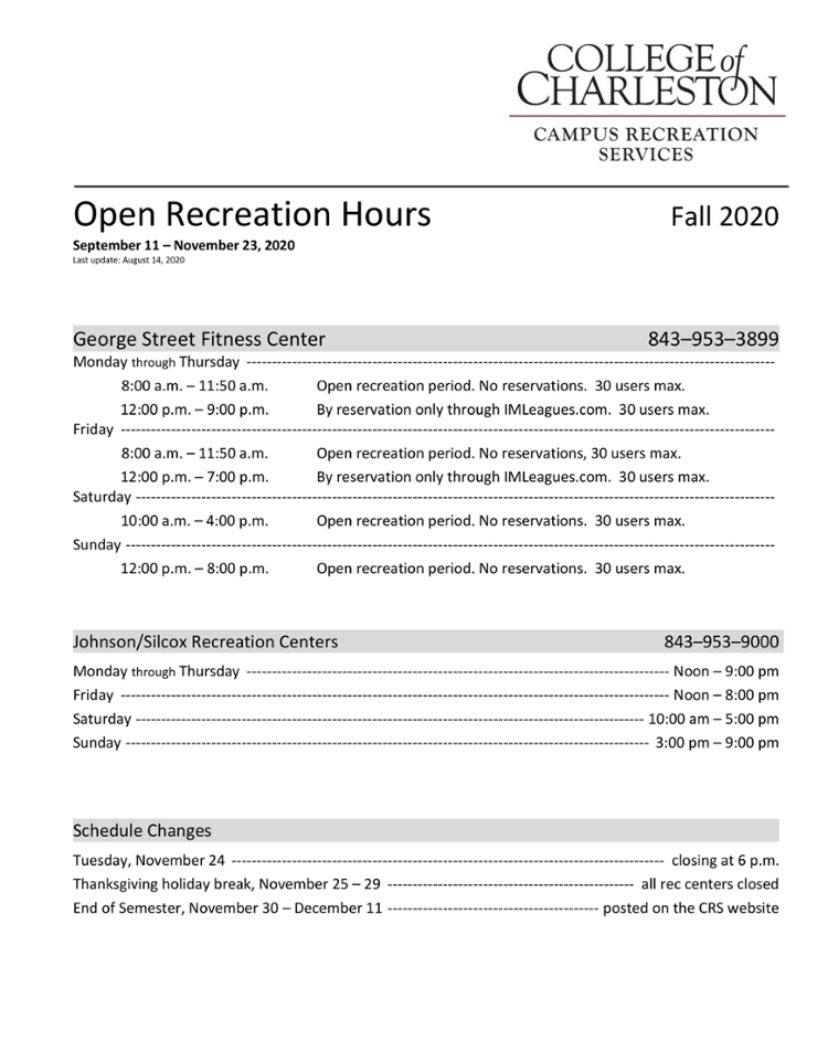 CofCCampusRec's tweet photo. Good luck with the first day of classes, Cougars! Our facilities are still closed, but when we re-open on Sept. 11, this is what our schedule will look like. Face coverings will be required. We can’t wait to see all of you! #RECYourLife https://t.co/n4PoEgINd8