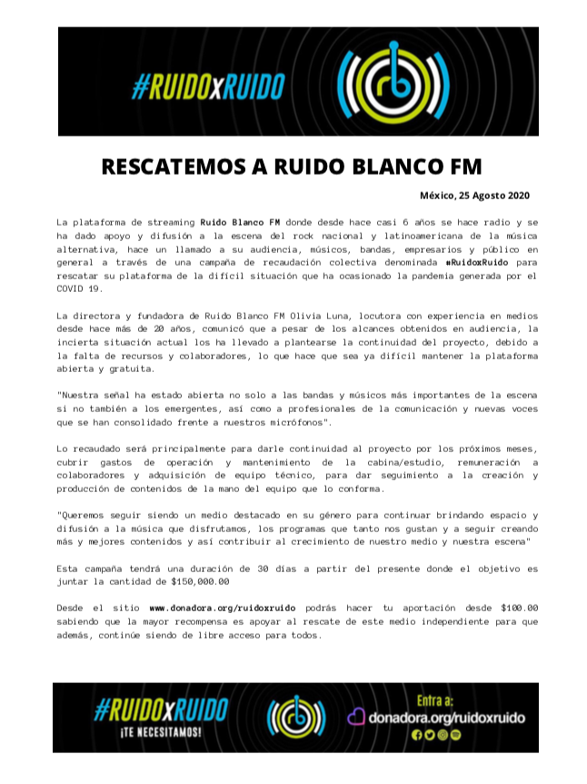 RococoTweets's tweet photo. 🔥 Atención 🔥

Hoy @ruidoblancofm hace un llamado de apoyo para rescatar la plataforma y seguir difundiendo la música que tanto disfrutamos.

Hoy inicia la campaña #RuidoxRuido qué será una recaudación colectiva disponible en 
👉🏼 https://t.co/wM9zhFNlAB 

Agraecemos su RT https://t.co/fAfK8KH0D8