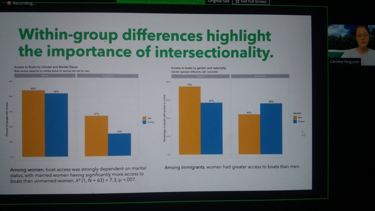 Really great presentation by <a href="/ceferguson1/">Caroline E. Ferguson Irlanda, PhD 🎣⚖️</a> highlighting the importance of intersectionality when looking into gender differences in costs/benefits of the seafood trade - marital status and nationality also important in Palau's sea cucumber fishery  #imcc6