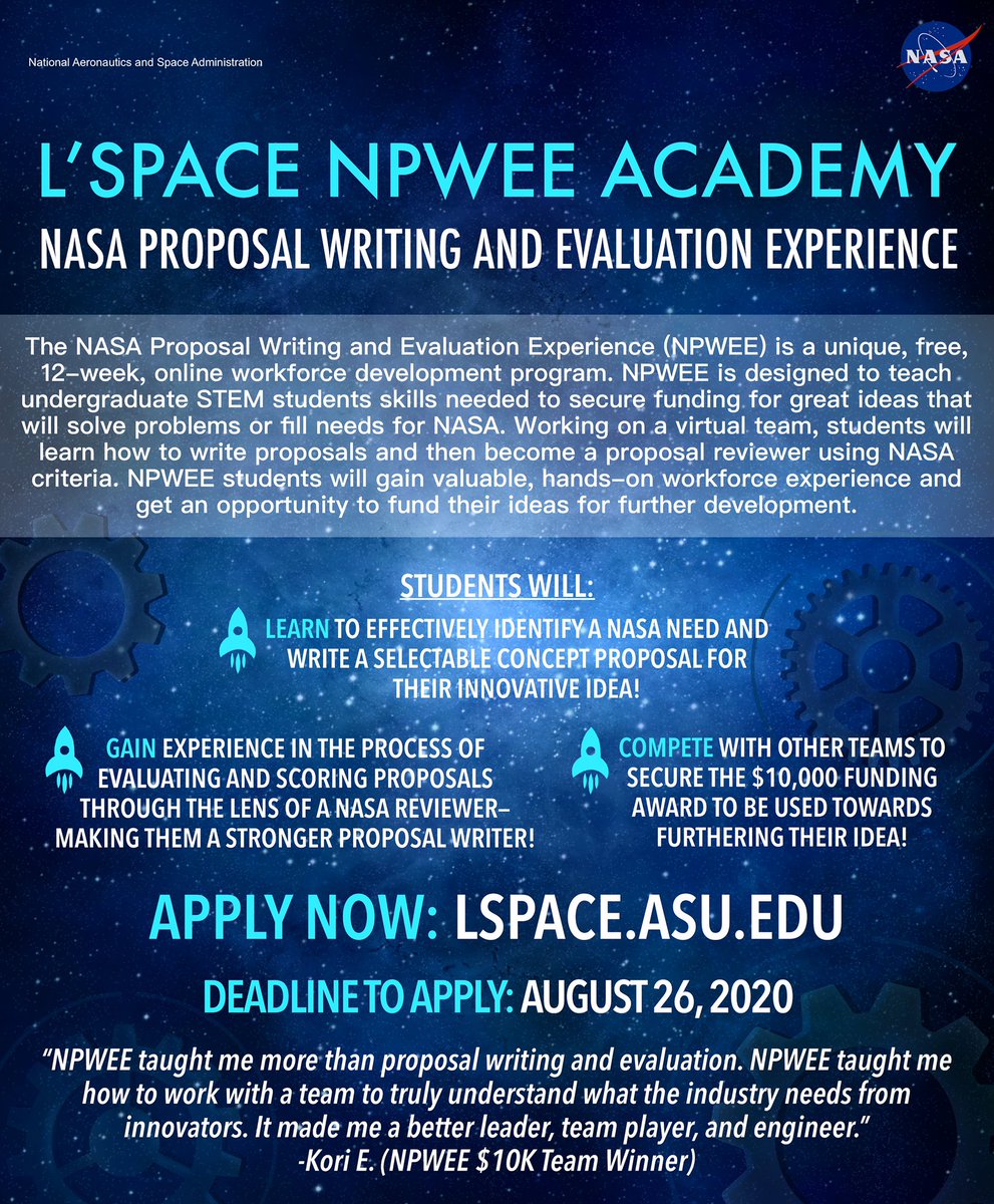 L_SPACEProgram's tweet photo. ✨LAST CHANCE TO APPLY!✨ The application deadline to the fall 2020 NASA L’SPACE Academy is August 26th. Don’t miss your opportunity to apply!
Accepting undergraduate STEM students currently enrolled in a US college or University. Apply now at LSPACE.asu #lspaceacademy #NASA https://t.co/WfWoiivFUF