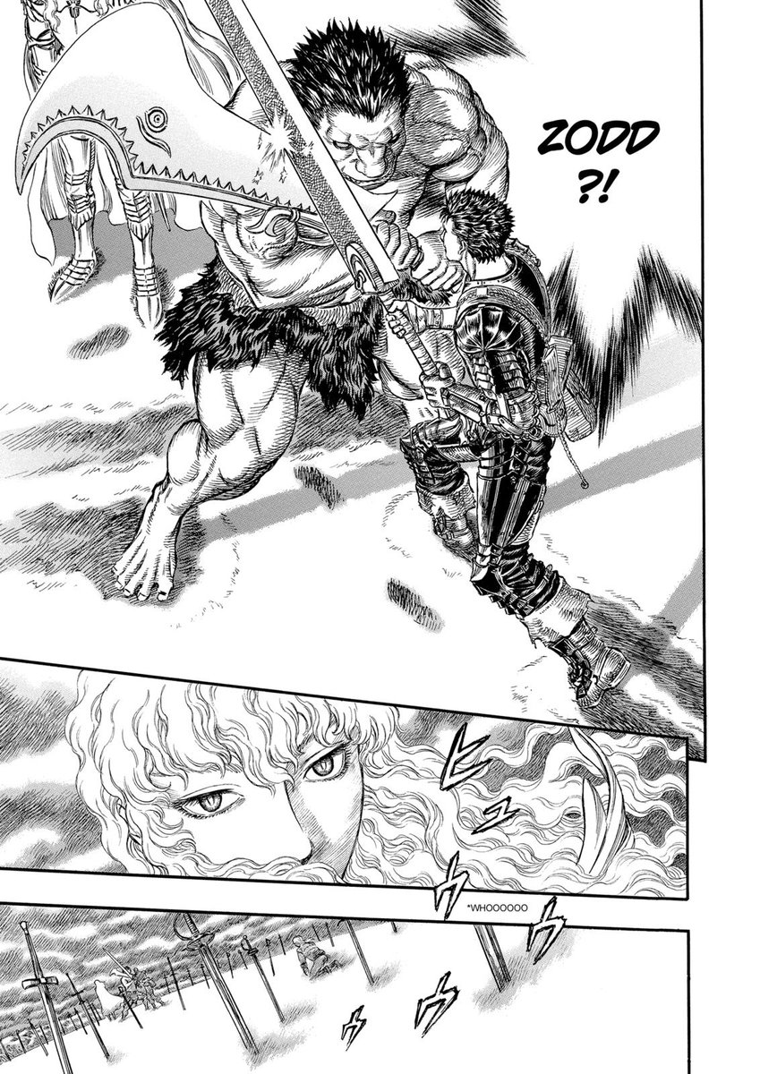 With all those techniques Miura builds suspense for a surprise Zodd appearance who stops Guts fury and triggers reactions from everyone in the following pages.The reactions follow the same pattern : small panels to build the close up on Zodd's face. Then a wider shot.
