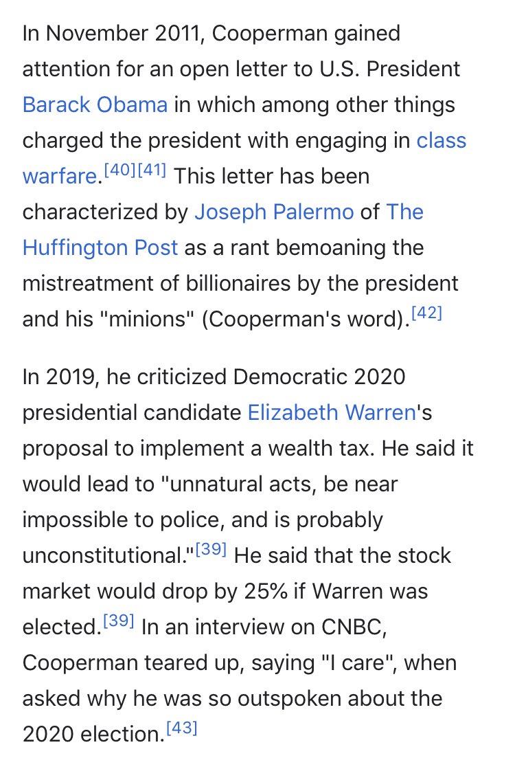87/ LEE COOPERMAN*Hedge Fund Manager*Bashes socialist candidates but also bashed Trump worse - Trump had some minimalist words for him ;-)Possibly a Kabuki fight but I doubt it, since Lee: -started a charity called “Birthright lsrael” -has ties to Colombia University