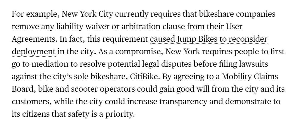 For example, NYC bars CitiBike from using liability waivers as a condition of its operations. And they are doing just fine.I suspect micromobility insurance premiums are inflated and companies are being overcharged. But it strains credulity to suggest they'll be uninsurable.