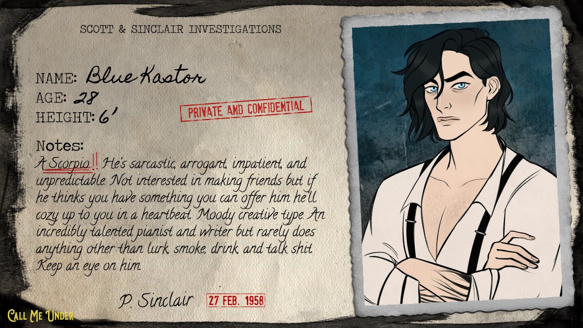 CallMeUnder's tweet image. 🌊 Blue Kastor: The Fallen 🌊

Blue is focused on one thing and one thing only: Finding his missing twin brother. The stories he tells you may not be all that they seem, and something Dark lurks beneath that tired exterior...

#CallMeUnder #lgbtqagames #visualnovel #datingsim