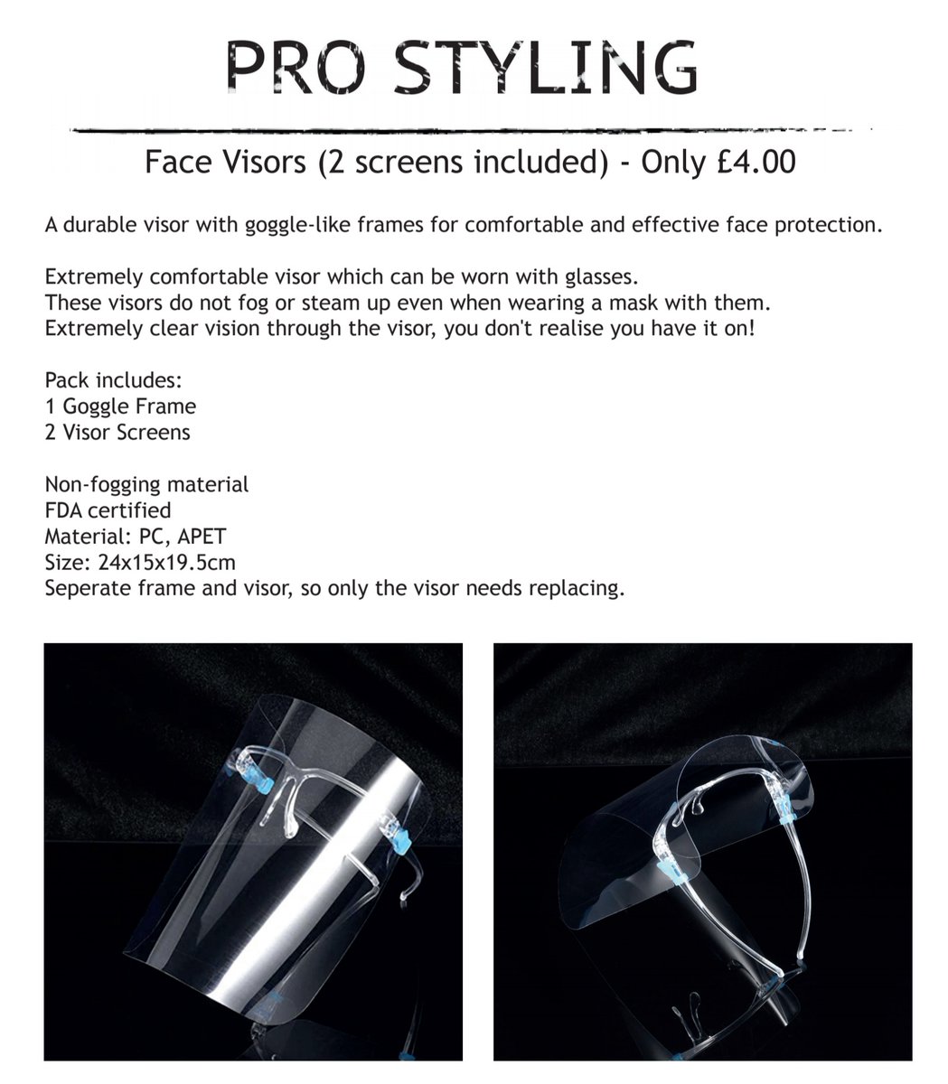 ProStylingUK's tweet photo. Struggling with visors? In need of PPE? Contact us at info@prostyling.co.uk or visit the website for more info. https://t.co/wC9EOCeRyV