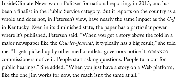 Good morning, I'd like to start this thread on why I made MicroClimates with this screenshot from a New Yorker article about an environmental reporter at the Louisville Courier-Journal that has been burning a hole into my brain for over a year