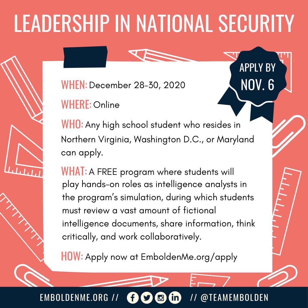 TeamEmbolden's tweet photo. Do you want to be a spy? Learn how to make your dreams a reality with the tuition-free Student Leadership Program in National Security from team #EmboldenMe. Find out more and apply here: https://t.co/s1AySBSHdL. https://t.co/0kb7SgCDb1