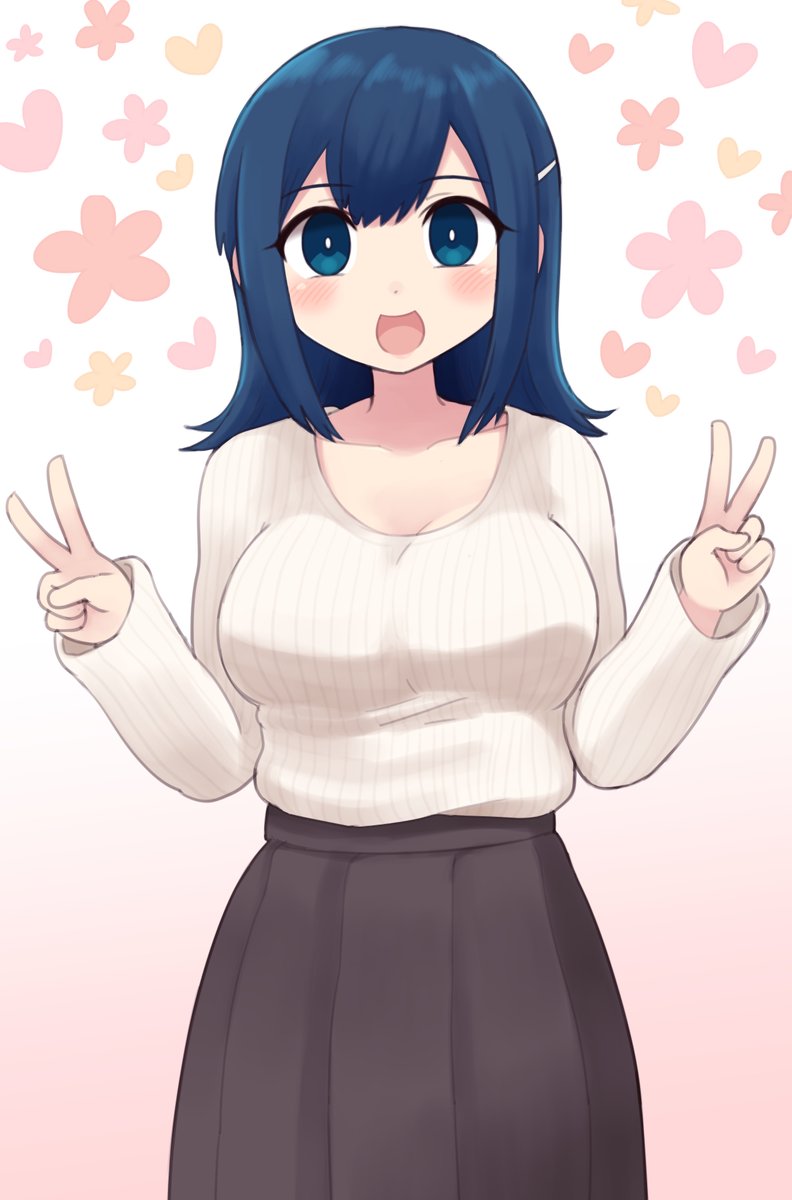 souryuu (kancolle) 1girl solo skirt blue hair v white sweater sweater  illustration images