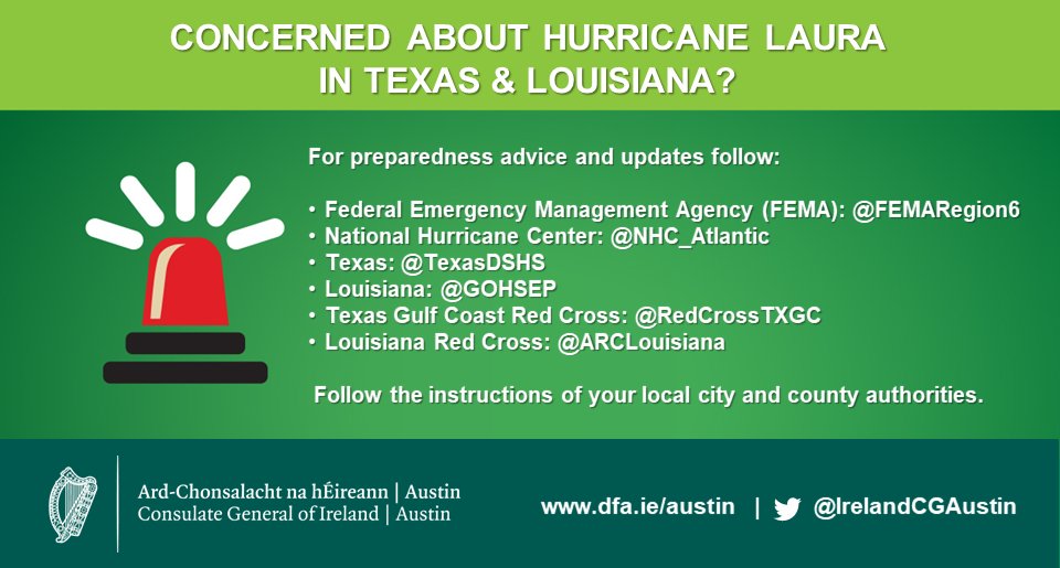 Advice for Irish citizens in Texas and Louisiana about Hurricane Laura. 