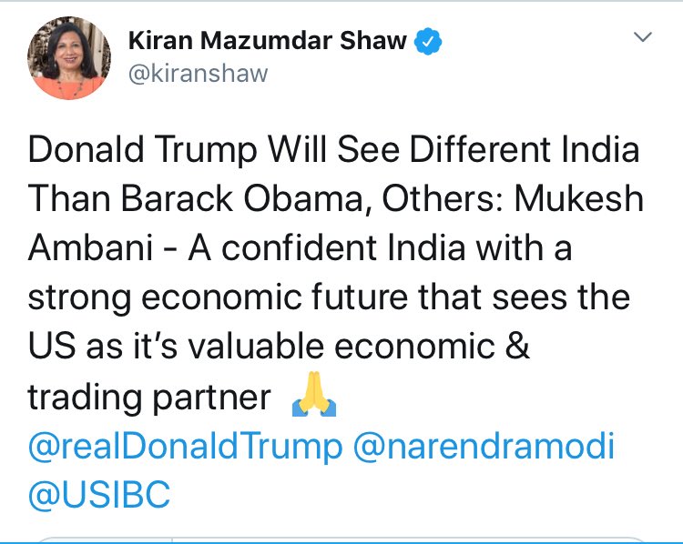 88/ KIRAN MAZUMDAR-SHAWINDIAN BIOTECH & PHARMAInvolved in advanced research - actually supportive of  @realDonaldTrump & has hailed business/med partnerships with US, esp since C0VlD - but even after Election Day said people were just sick of entrenched politics