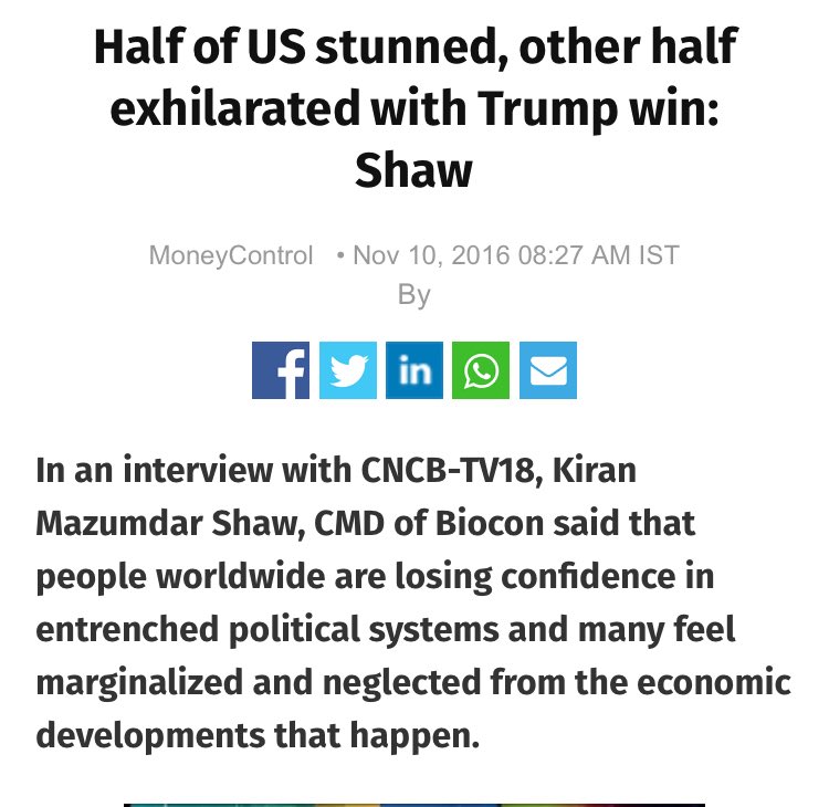 88/ KIRAN MAZUMDAR-SHAWINDIAN BIOTECH & PHARMAInvolved in advanced research - actually supportive of  @realDonaldTrump & has hailed business/med partnerships with US, esp since C0VlD - but even after Election Day said people were just sick of entrenched politics