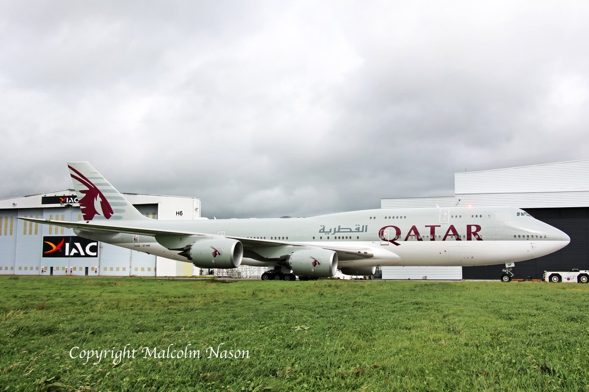 malcolm_nason's tweet photo. The second B747-8Z5.BBJ for the Qatar Amiri Flight A7-HHF was rolled out of the @IAC_Ltd paint hangar at
@ShannonAirport today before departure to Basel. #QatarAmiriFlight #Boeing747BBJ #B747 #aviation #aviationnews #aircraftspotting #VIPaircraft https://t.co/lXT4pIGdjo