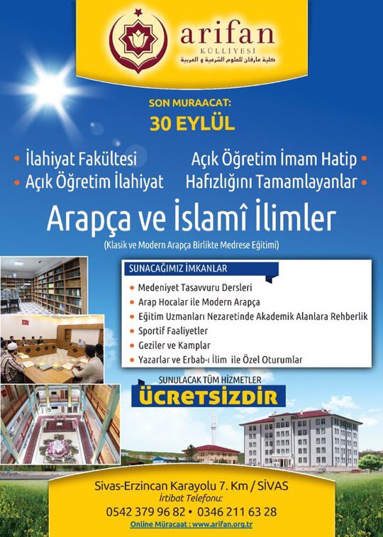 Sivas'ın ve ülkemizin medar-ı iftiharı <a href="/Arifanifav/">Arifan Külliyesi</a> Külliyesi @sivasimekke Hocamızın öncülüğünde geleceğimizin öncülerini yetiştirmek için talebe alımlarına başladı.
*
Güzel bir imkân bu.
*
Buradaki ilim ve irfan eğitimi, ufkunuzu genişletecek, umudunuzu yeşertecek inşallah...