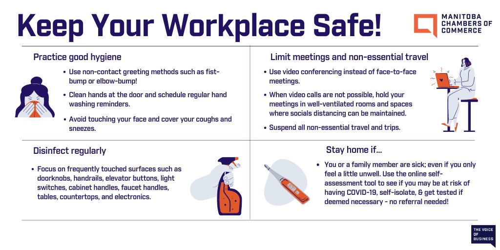 It's time for Manitobans get back to the basics with our fight against COVID-19. Here are some simple hygiene tips to minimize risks in the workplace. For more #COVID19 resources, visit jointhechamber.ca #FocusOnFundamentals