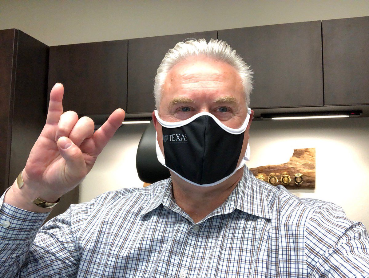 UTAustinOEM's tweet photo. UT Austin AVP for Campus Safety, Jimmy Johnson, is wearing his mask and practicing social distancing in his office while on the forty acres! Show us your selfies with a mask on, horns up and supporting #ProtectTexasTogether Always be #UTReady #HookEm https://t.co/62zvohAQL1