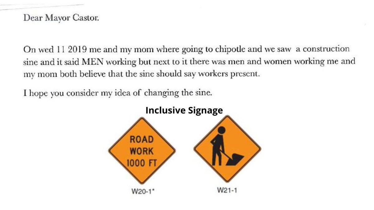 JaneCastor's tweet photo. Received a letter from a special young resident regarding discontinued work zone signage found in the @CityofTampa. I'm happy to report that our Infrastructure &amp; Mobility team is ensuring only inclusive signage is used. 

Thank you for your letter, Vivian! https://t.co/7FdI7PRh8c