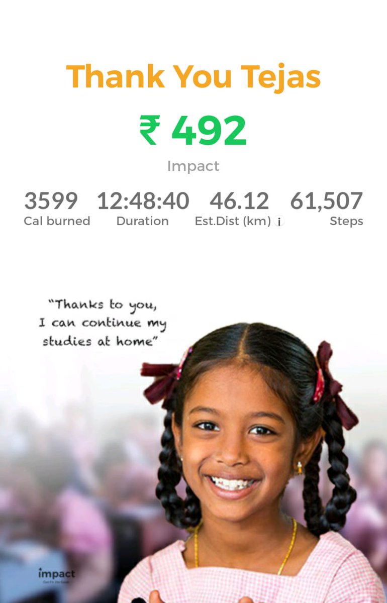 tejasmishra1997's tweet photo. My #Indoor walk raised โน 492 today's for providing e-learning facilities to rural students. #Impact app converted my steps to charity. Thanks to #Jubilant_Lifesciences for sponsoring my workout. @msdhoni The #Inspiration ๐
#WalkToContribute https://t.co/J60VmEkuBx