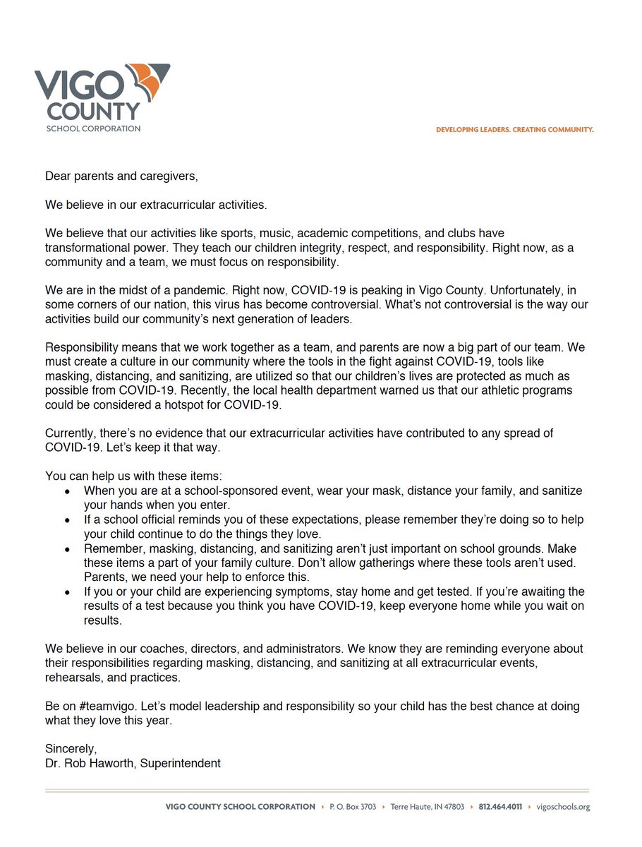 We need the community's help to model leadership and responsibility. Read the full text of a message sent to Vigo County middle and high school families from Dr. Haworth today. #teamvigo