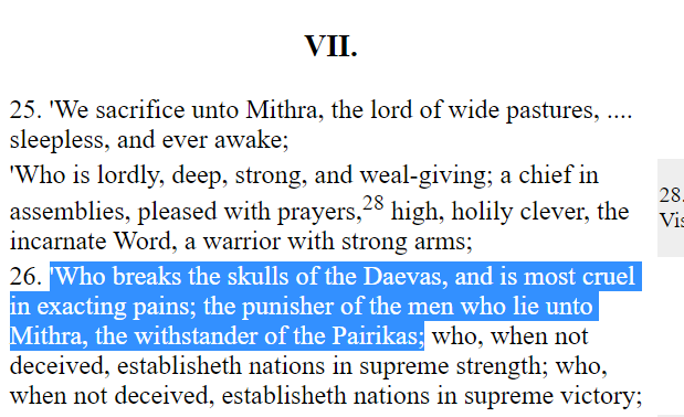 from the hymn to mithra:mithra is described as sleepless & ever awakedaevas are supernatural beings (with a negative connotation in this case)mithra being both "bad and good" → in mhyk canon he's pretty whimsical with what he does with his magic