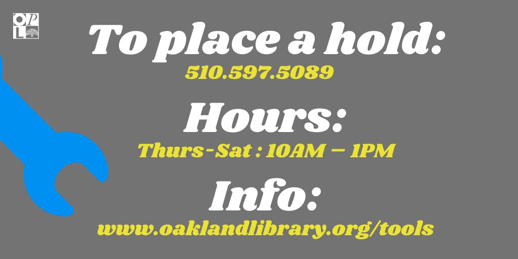 oaklibrary's tweet photo. Good news for Oaklanders: The #Oakland Tool Lending Library will be open for tool pickup on 8/27!
⚒️: https://t.co/67ybXqfFf5
#OPLtools https://t.co/HQeg1dumyl