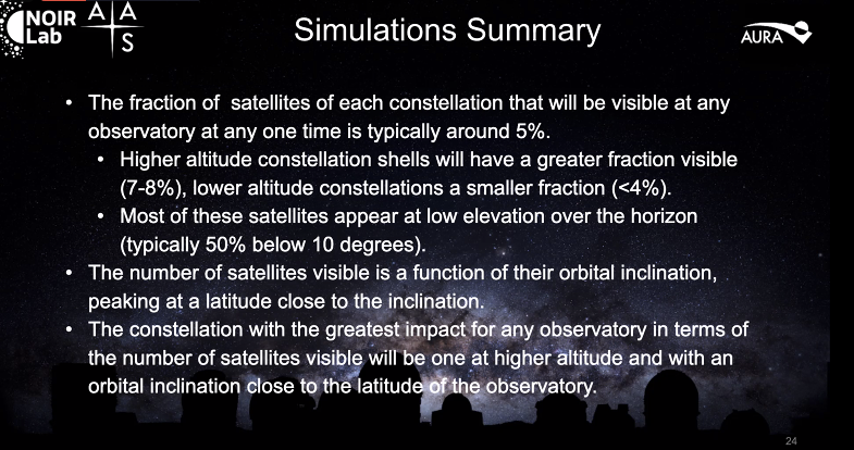 JohnBarentine's tweet photo. Seitzer's summary of #SATCON1 Simulations Working Group findings, with the particular example of impacts to observations of the Large Magellanic Cloud: every 30-second exposure will have *at least* one satellite trail, no matter time of year or time of night. https://t.co/c36U777NQW