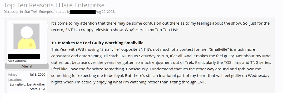 TrekShitposting's tweet photo. Top Ten Reasons I Hate Enterprise - Aug 29, 2003 https://t.co/LAQ7ugew9W