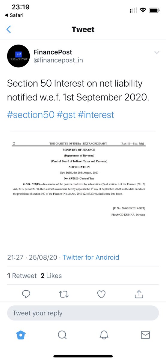 vsadvocate's tweet photo. #GST #interest #section50 Noti. No. 63/2020- Central Tax: Interest for delay in payment of GST to be charged on the Net Cash Tax Liability wef from 1st Sep 20. In 39th GST Council Meeting recommended a retrospective amendment w.e.f 01/07/2017. No Respect to Council’s decision.. https://t.co/HeNDFz6mFm
