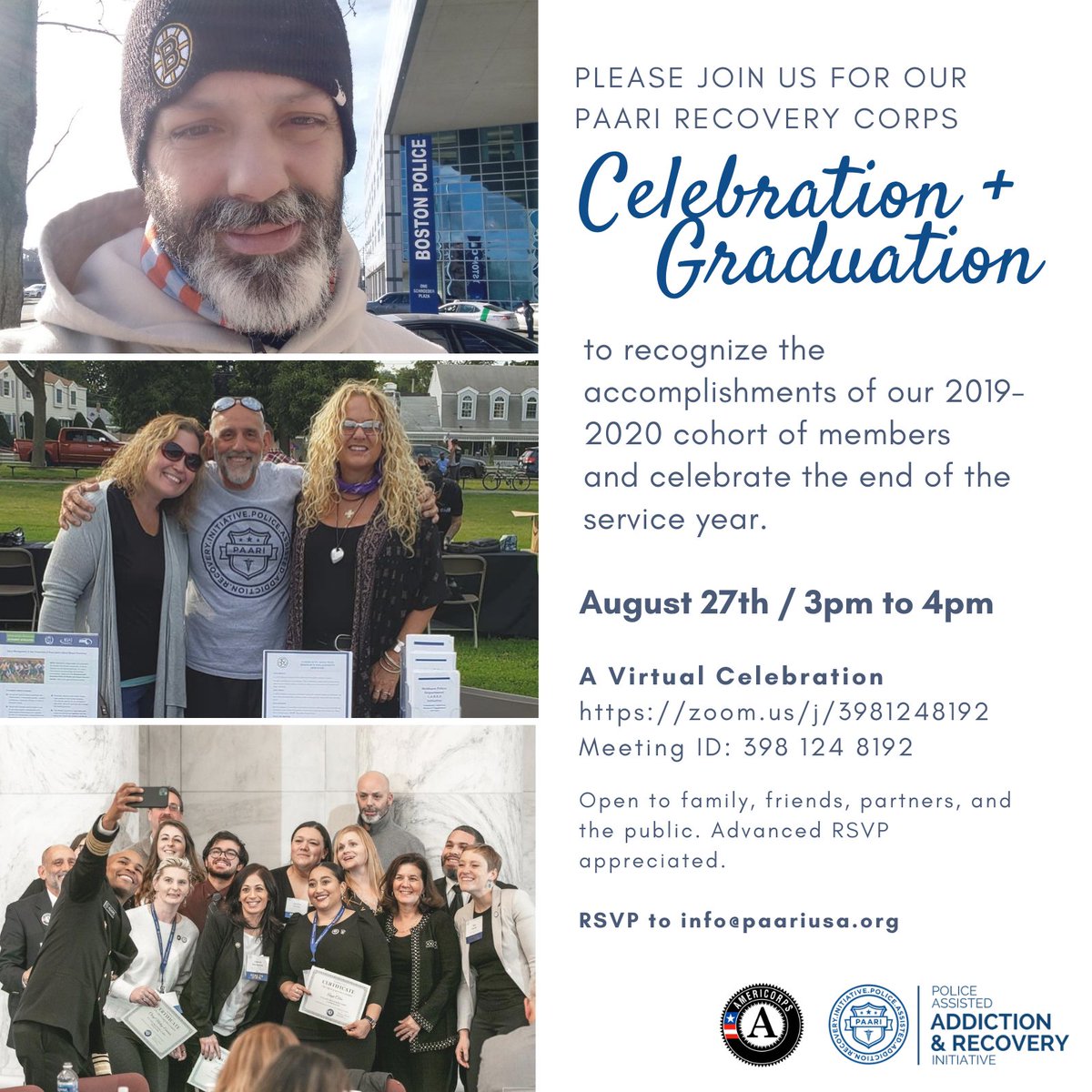 PaariUSA's tweet photo. It's hard to believe that the 2019-2020 PAARI #RecoveryCorps program year is coming to a close! We'd like to warmly welcome you to celebrate with us via ZOOM on August 27th from 3-4pm ET. Please RSVP to info@paariusa.org to join us. https://t.co/DqEI9NGtW8