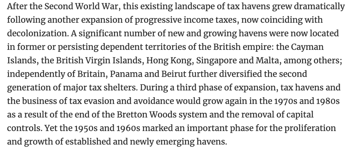 Let's take a very brief look at the history of  #taxhavens. In their contemporary form, they emerged beginning in the late 19th c (CH Cantons, Delaware), expanded during and esp after WWI&again expanded dramatically in the 1950s-60s