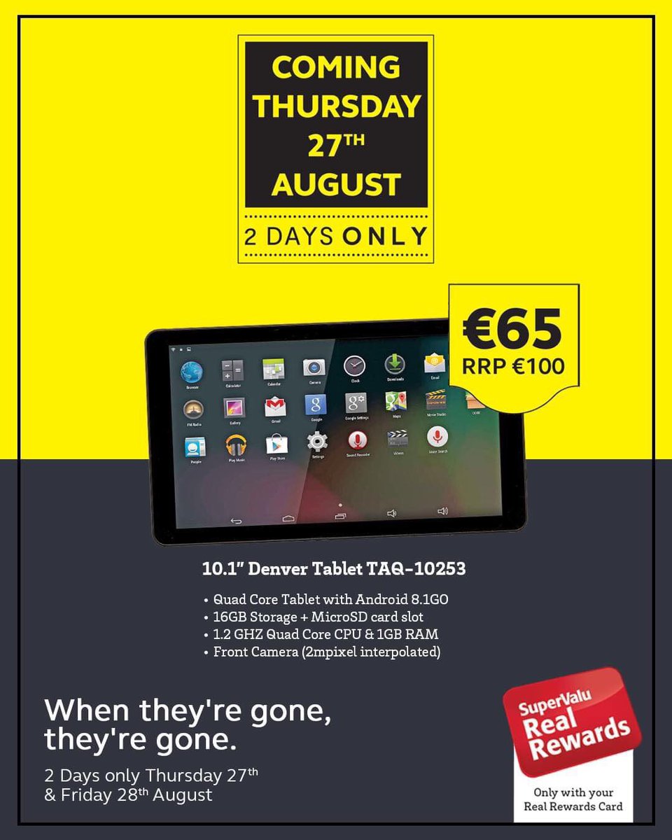 This Week’s 48 Hour Special for Real Rewards Customers!

10.1” Denver Tablet TAQ-10253
WAS €100 NOW €65

Available in-store from Thursday, 27th August 2020 until Friday, 28th August 2020. Real Rewards customers only. Customer quotas apply.