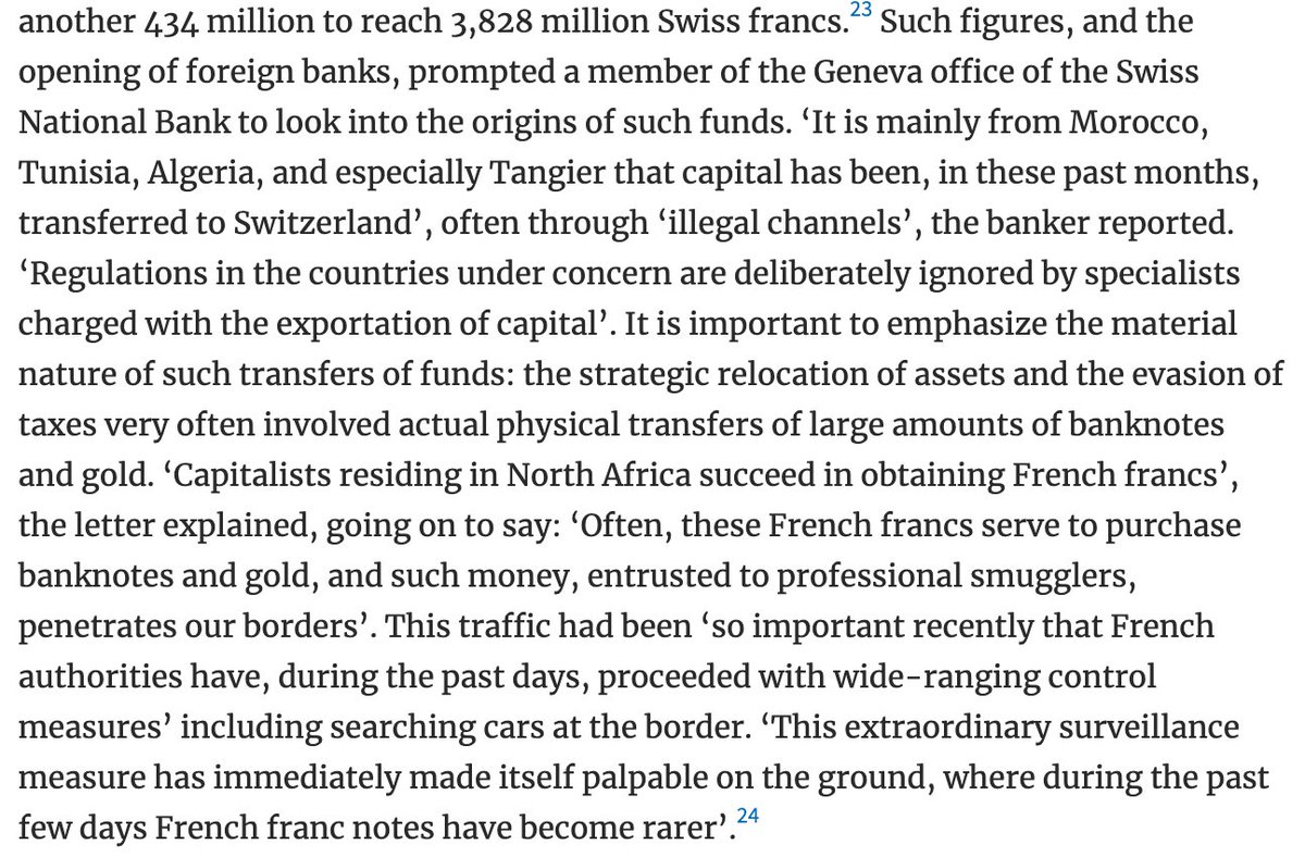 When Morocco became independent in 1956, it announced an end to Tangier's special regime, sending funds from all over the Middle East that had been placed in Tangier, scrambling for ersatz havens. The most common destination: the tax haven of Switzerland