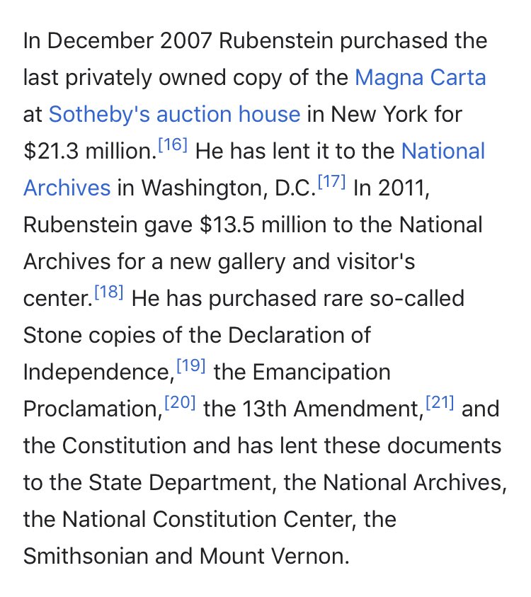 89/ DAVID RUBENSTEINBusinessmanChairman of-Council of Foreign Relations (think tank for former & current swamp creatures)-Kennedy Center-SmithsonianU of Chicago, on board of “Harvard Corp”Owns the ORIGINAL Magna Carta & copy of Declaration of Independence & others