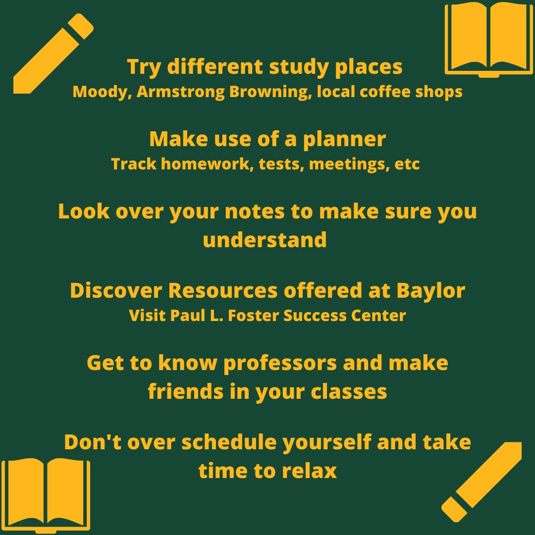 baylorenergy's tweet photo. Now that school is back in session, here are some tips to stay on top of your coursework and succeed this semester! #tipsandtrickstues https://t.co/7VSA9Qokbg