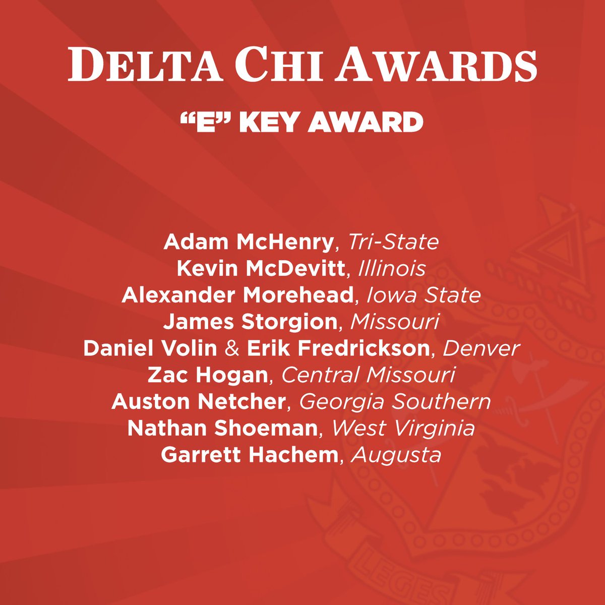 DeltaChiHQ's tweet photo. The “E” Key Award of the #DXAwards is the oldest award given by the Fraternity and seeks to recognize chapter/colony “E”s for their exceptional performance of all communicative duties. 

https://t.co/OCMZt9TVDa https://t.co/Q8v9YmMYqt