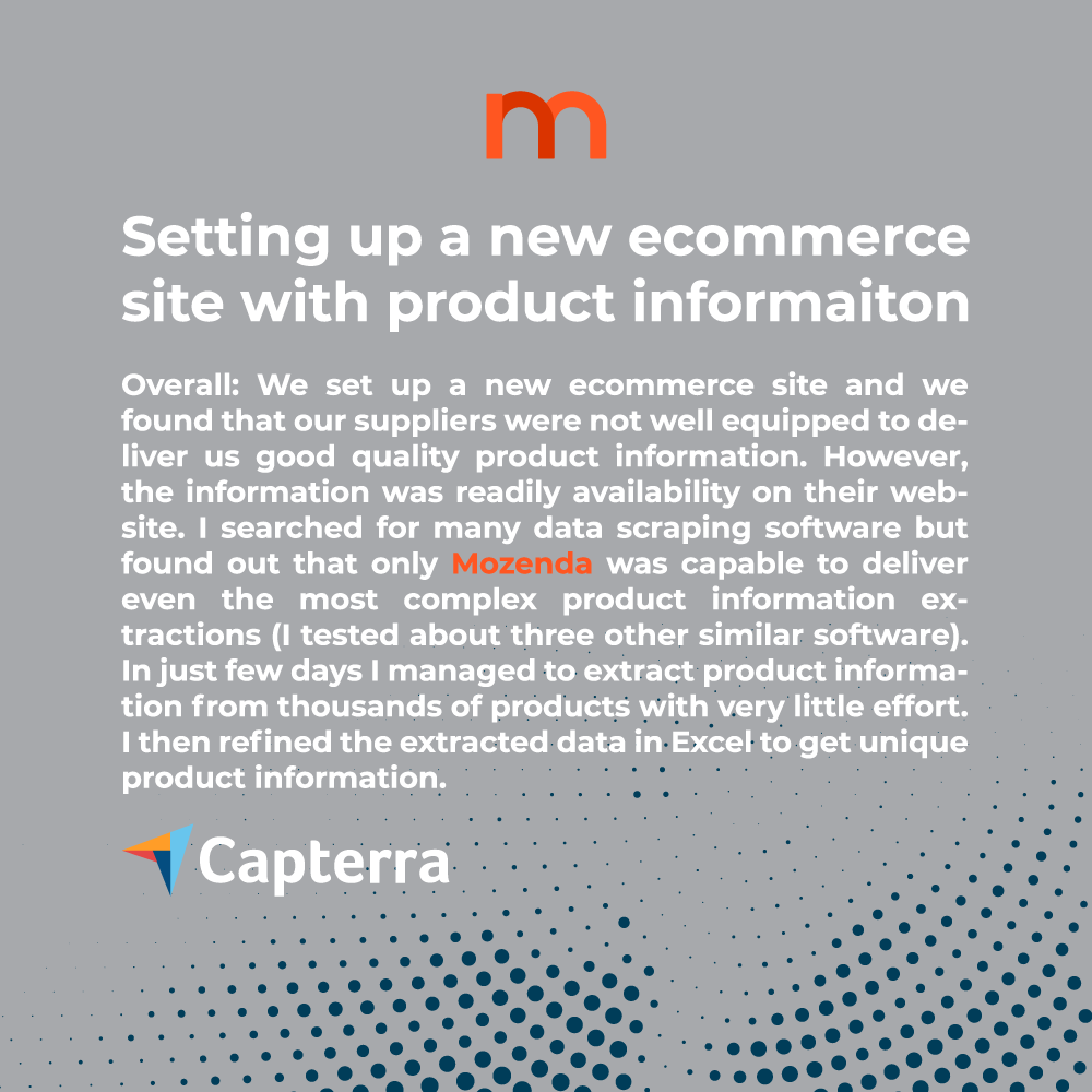 Mozenda's tweet photo. "It's functionality and utility. I could execute almost anything I could imagine needing from a data scraping software"

Review us on Capterra

https://t.co/mCfUBWGQ1p

#mozenda #data #capterra #software #reviews #datascraping https://t.co/2k1XV5m4Wr