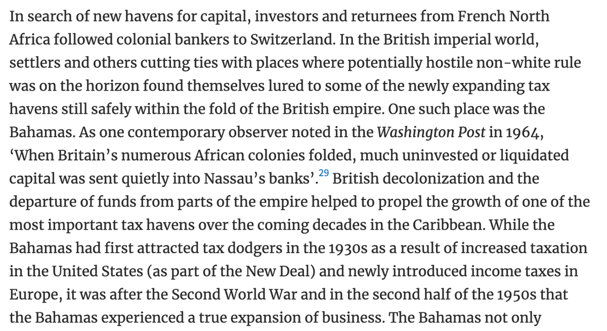 In the British imperial world, money moved less to Switzerland but to tax havens still within the British Empire, above all, the Bahamas. This had to do with personal connections and ties across the empire, and legal traditions as well as preferences of language