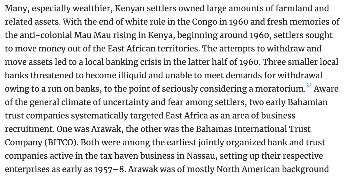 One region stood out in sending funds out of the decolonizing world to the Bahamas: the white settler colonies of Kenya & Southern Rhodesia. Early trust company business in the Bahamas systematically targeted these areas and worked with lawyers in Kenya specializing in  #offshore