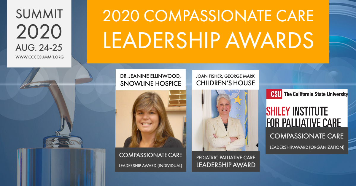 CoalitionCCC's tweet photo. On Day 2 of SUMMIT 2020 we recognized the recipients of the Compassionate Care Leadership Awards: Dr. Jeanine Ellinwood, Snowline Hospice; CSU Shiley Institute for Palliative Care; and Joan Fisher, George Mark Children’s House. @csupalliative @snowlinehospice @gmch #ccccsummit20 https://t.co/AKoCZ0c9CF