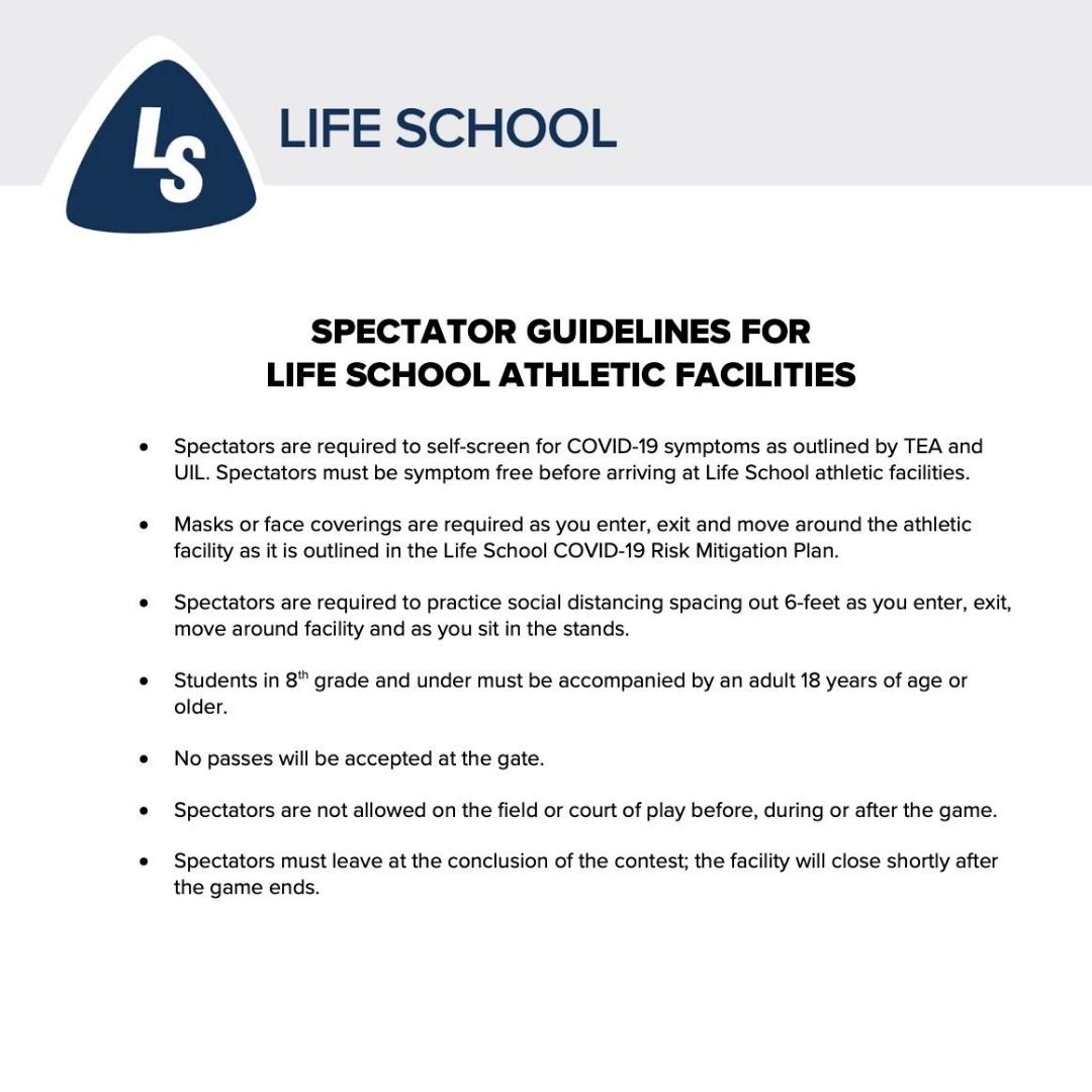 Life_Lions's tweet photo. 🚨 Attention All LHSOC Lion Fans: In the spirit of safety, please review the Spectator Guidelines for Life School's Athletic Facilities.
#LifeSchool #LHSOC #Lions #Athletics #UIL https://t.co/qLIl7UWYHF